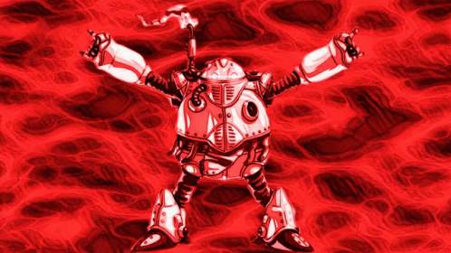Robot With Arms Outstretched Against Red Background GIF