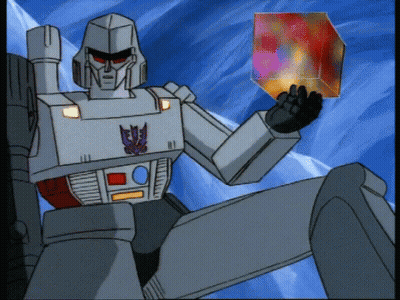 Robot With Butterfly On Chest Holding Cube GIF