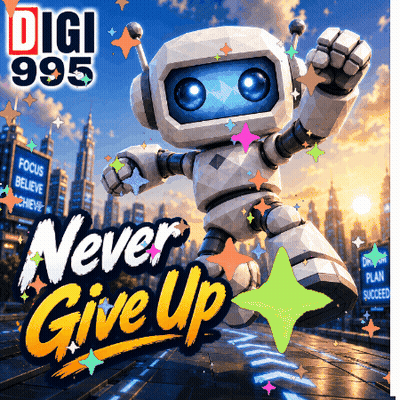 Robot With Fist In Air Saying Never Give Up GIF