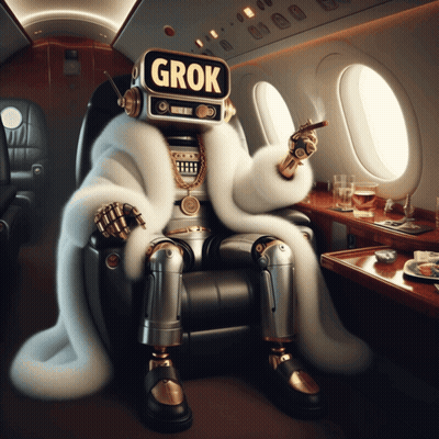 Robot With Grok On Head Sitting In Chair GIF