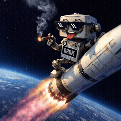 Robot With Grok Smoking Cigar On Rocket GIF