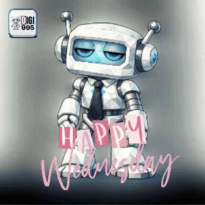 Robot With Headphones And Tie Holding Happy Wednesday Blocks GIF