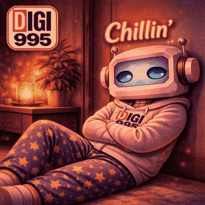 Robot With Headphones Laying Near Digi 995 Sign GIF