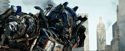 Robot With Helmet In Front Of City Skyline GIF