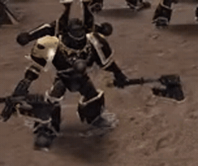Robot With Horns Holding Axe And Gun GIF