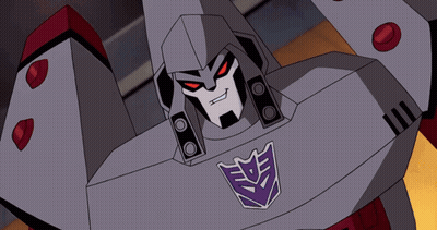 Robot With Purple And Black Emblem On Chest GIF