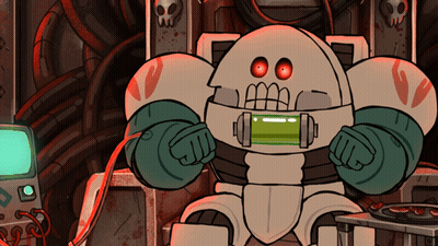 Robot With Red Eyes And Green Device In Mouth GIF