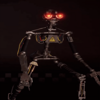 Robot With Red Eyes Holding Gun And Warning Sign GIF