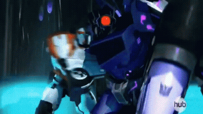 Robot With Red Eyes In Dark Room Blue Background GIF
