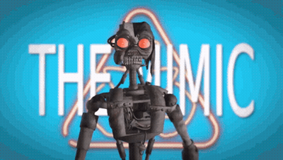 Robot With Red Eyes In Front Of Sign Saying The Atomic GIF