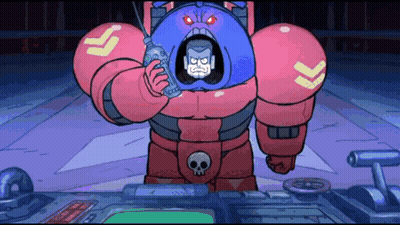 Robot With Skull On Waist Holding Syringe In Mouth GIF