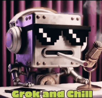 Robot With Sunglasses and Headphones Smoking Cigarette Saying Crok and Chill