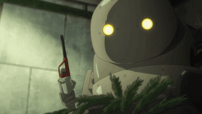 Robot With Yellow Eyes Holding Lighter GIF