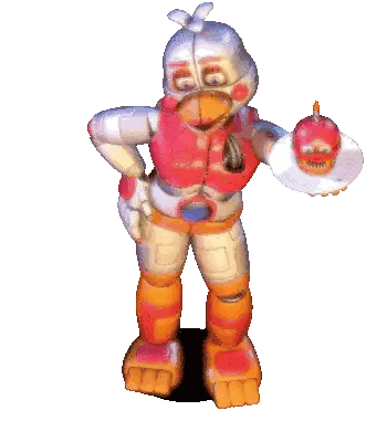 Robotic Chicken Holding Cake With Red Candy Sticker