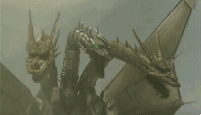 Robotic Dragon Flying With Purple And Yellow Smoke GIF