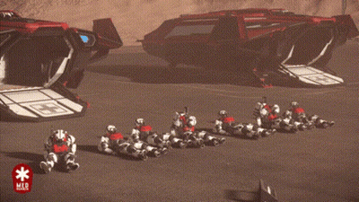 Robots Sitting In Front Of Red Spaceship GIF
