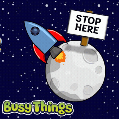 Rocket Flying Over Moon With Stop Here Sign GIF