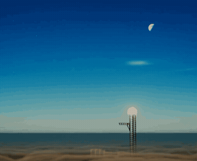 Rocket Launching Into Space With Crescent Moon GIF