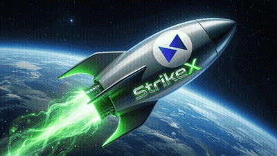 Rocket With Strikex Flying Through Space GIF