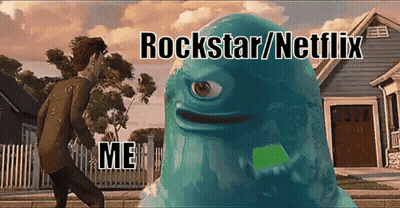 Rockstar Netflix Ad With Blue Monster In Front Of House GIF