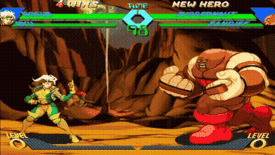 Rogue And Juggernaut Are Fighting In A Video Game With A Time Of 98 Seconds GIF