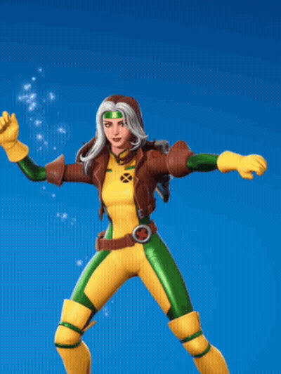 Rogue From The X-Men Is Standing On One Leg With Her Arms In The Air GIF