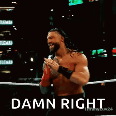 Roman Reigns Is Wearing Red Boxing Gloves And Pointing At The Camera In A Wrestling Ring . GIF