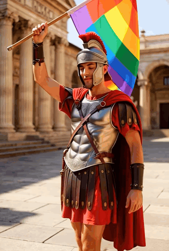 Roman Soldier Holding Rainbow Flag In Front Of Building GIF