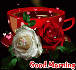Romantic Good Morning Coffee Sparkling Roses Hearts GIF