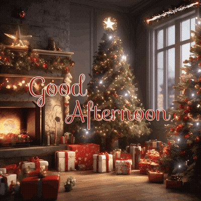 Room With Christmas Tree And Gifts Saying Good Afternoon GIF
