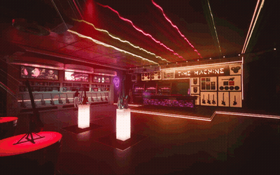 Room With Neon Sign Saying Time Machine GIF