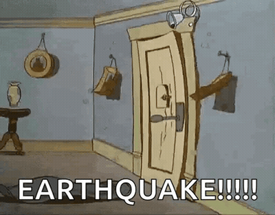 Room With Open Door Saying Earthquake !!! GIF