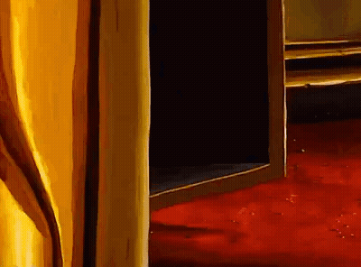 Room With Red Carpet And Yellow Curtain GIF