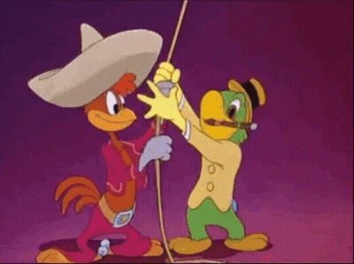Rooster And Parrot Holding Rope GIF