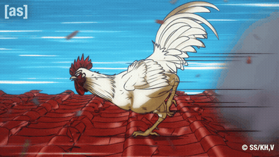 Rooster Running On Red Tile Roof Saying As GIF