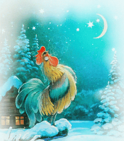 Rooster Standing In Snow In Front Of Cabin GIF