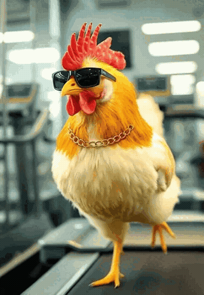 Rooster Wearing Sunglasses And Chain On Treadmill GIF