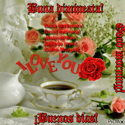 Roses And Coffee Cup Saying I Love You GIF