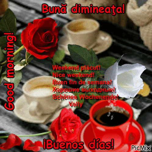 Roses And Coffee Cups With Buenos Dias GIF