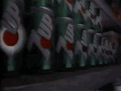 Row Of 7 Up Cans On Shelf GIF