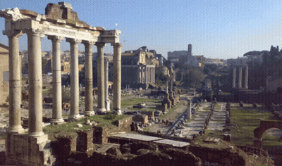 Row Of Columns In Ruined Area With Building GIF