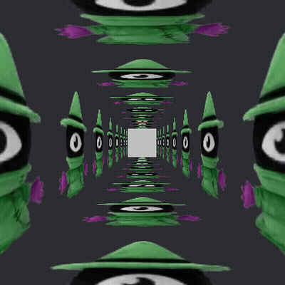 Row Of Green Crayons With Black Eyes And Purple Flowers GIF