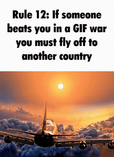 Rule 12 If Someone Beats You In A GIF War You Must Fly Off To Another Country With A Plane GIF
