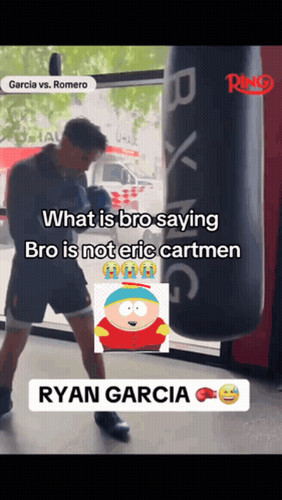 Ryan Garcia Boxing In Front Of Punching Bag With Cartman Picture GIF