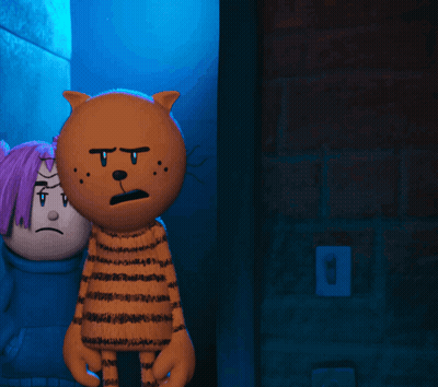 Sad Cartoon Character Beside Stuffed Animal GIF