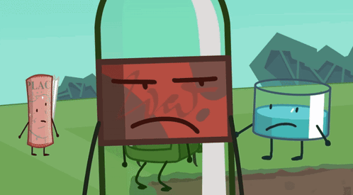 Sad Cartoon Character Standing Next To Bottle And Glass Of Water GIF