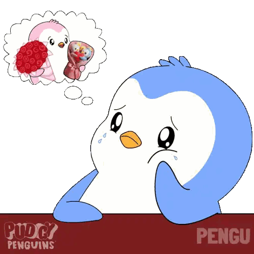 Sad Penguin Sitting At Table With Puddy Penguins Logo Sticker