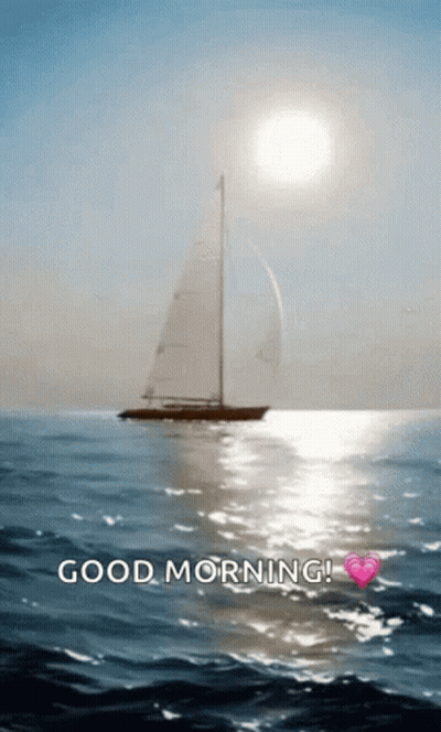 Sailboat Floating On Water With Sun GIF