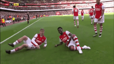 Saka And Emile Smith Rowe Pose Sitting GIF