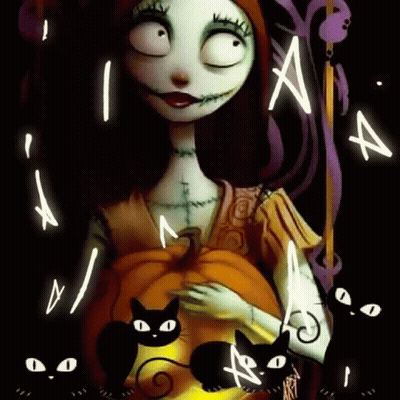 Sally From The Nightmare Before Christmas Is Holding A Pumpkin And Surrounded By Black Cats GIF